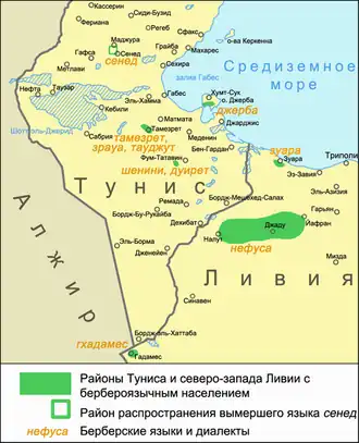 Район распространения языка сенед во второй половине XX века на карте берберских языков Туниса и северо-западной Ливии