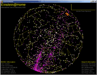 Скриншот программы во время расчета. Белые точки — основные звезды звездного неба, входящие в состав созвездий; фиолетовые точки — известные радио-пульсары; темно-красные точки — остатки сверхновых; оранжевый прицел — исследуемая область неба; красные, зеленые, синие и серые отрезки — гравитационные детекторы