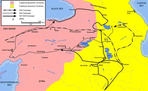 This map shows the approximate campaign paths of Heraclius in 624, 625, and 627—628