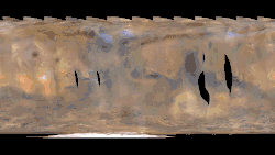 Полная карта поверхности Марса с динамикой атмосферных процессов, в том числе двух локальных пылевых бурь, с 18 февраля по 6 марта 2017 г. Составлено на основании снимков аппарата Mars Reconnaissance Orbiter.